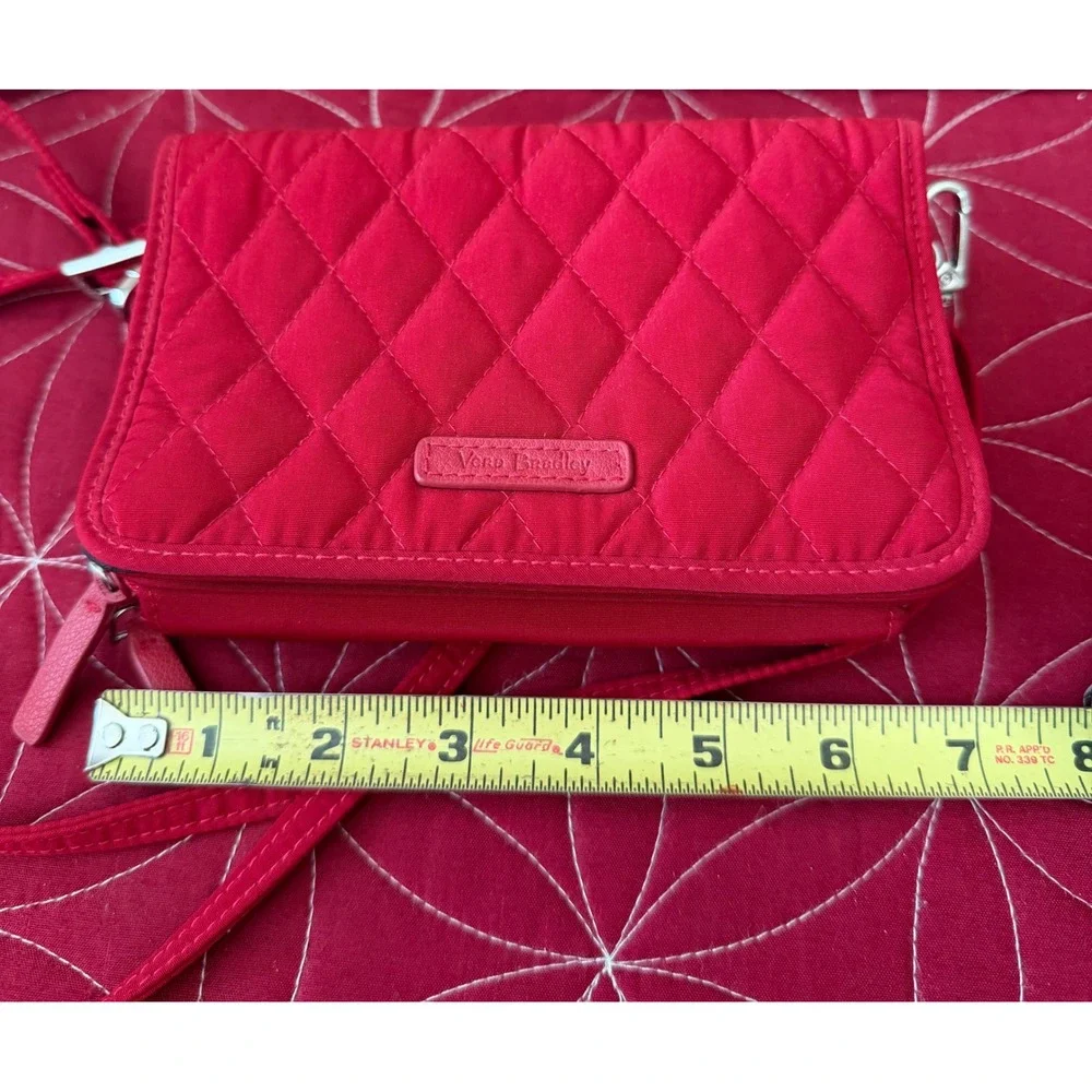Vera Bradley Red Quilted Microfiber RFID All In One Crossbody Wallet Bag Rose